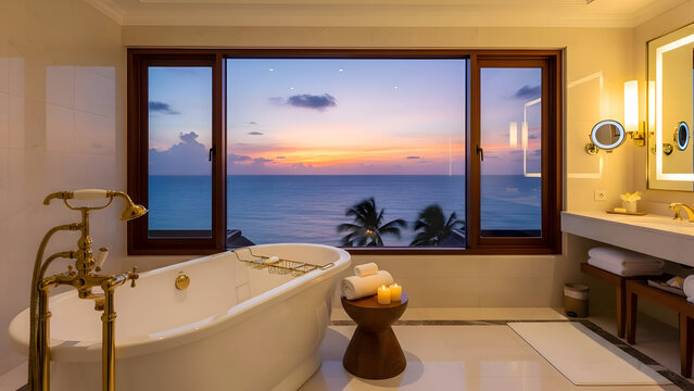 Luxurious bathroom with ocean view clawfoot tub and candles at sunset