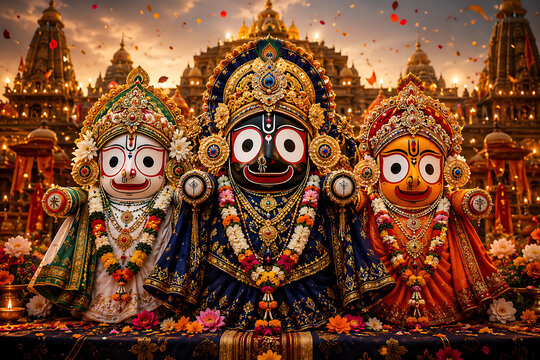 Jagannath rath yatra sacred deities adorned with jeweled crowns colorful garlands and traditional clothing during festive rath yatra worship at illuminated temple architecture