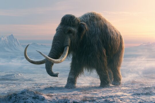 Ancient megafauna scene: woolly mammoth with long fur and tusks in frosty wilderness