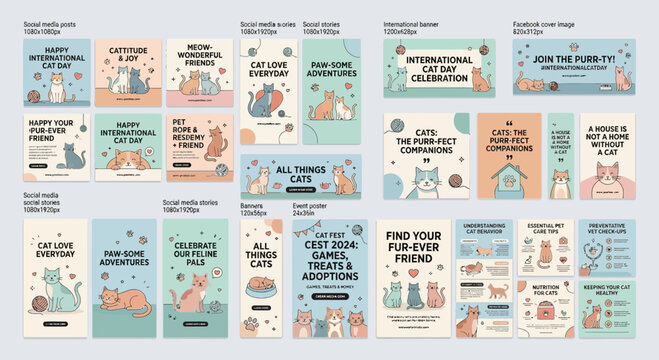 Collection of feline themed social media templates and pet care illustrations