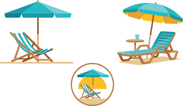 Summer beach umbrella and lounge chair vector collection featuring seaside relaxation furniture, vacation resort seating, coastal leisure accessories, and tropical travel illustration