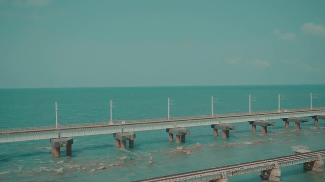 Aerial view of Pamban Bridge connecting Rameswaram Island India