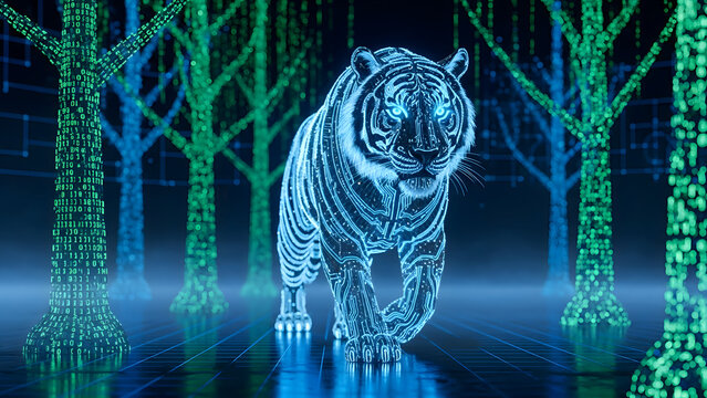 Glowing blue tiger walks through futuristic digital forest with green neon trees at night