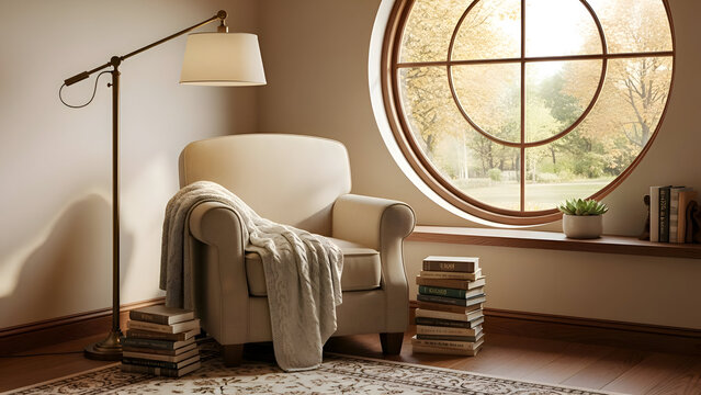 Cozy reading nook with comfortable armchair floor lamp and books by a large round window with a view of trees outside