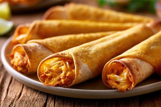 Crispy taquitos filled with chicken and cheese, warm lighting, horizontal food photograph