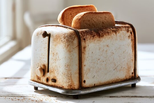Close-up of a dirty old toaster with bread slices on a white wooden background