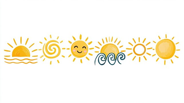 Seamless set of hand drawn yellow sun icons featuring various designs including smiling sun, waves, and sunburst patterns on a white background