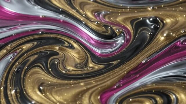 An upscaled cinematic 3D macro video featuring a slow motion pouring and swirling movement of glossy metallic pink, silver, black, and glittery gold liquid with shiny fluid textures.