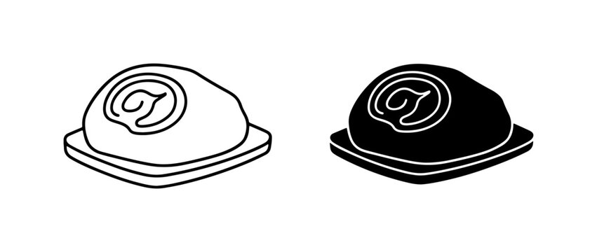 Two stylized icons of a dessert, one outlined, one solid black, on a square base