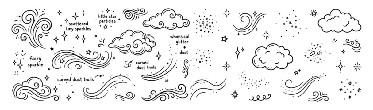 Hand drawn doodle vector big pack of magic dust featuring magical dust dots, fairy sparkle trails, tiny sparkles, enchanting glimmers and decorative fantasy elements isolated on white background