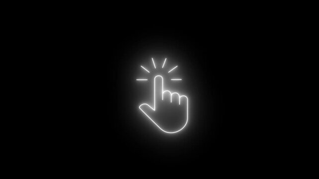 Glowing neon hand mouse cursor icon on black background. hand cursor with click and accent. Mouse pointer hand click icon animation. on transparent background.
