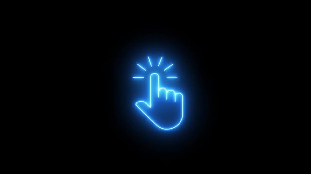 Glowing neon hand mouse cursor icon on black background. hand cursor with click and accent. Mouse pointer hand click icon animation. on transparent background.