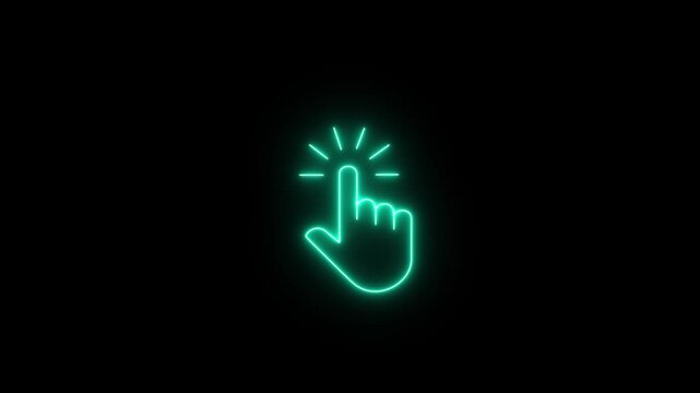 Glowing neon hand mouse cursor icon on black background. hand cursor with click and accent. Mouse pointer hand click icon animation. on transparent background.