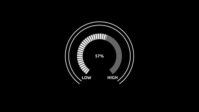 Glowing white digital gauges move from high overload to safe low levels, presentation template, moving colorful needle, warning message, risk assessment icon from 100 to 0. tension indicator icon.