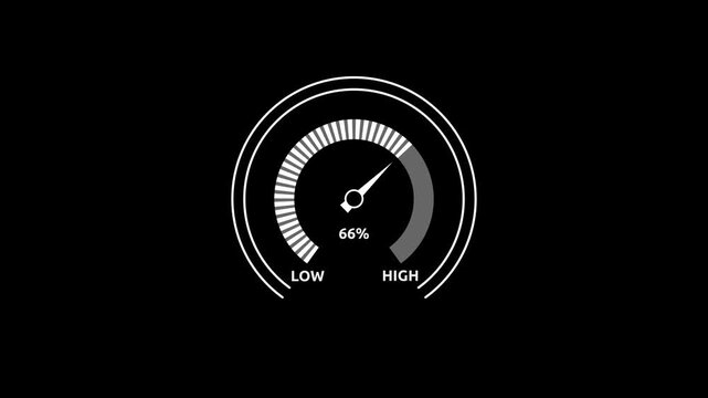 Glowing white digital gauges move from high overload to safe low levels, presentation template, moving colorful needle, warning message, risk assessment icon from 100 to 0. tension indicator icon.