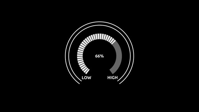 Glowing white digital gauges move from high overload to safe low levels, presentation template, moving colorful needle, warning message, risk assessment icon from 100 to 0. tension indicator icon.