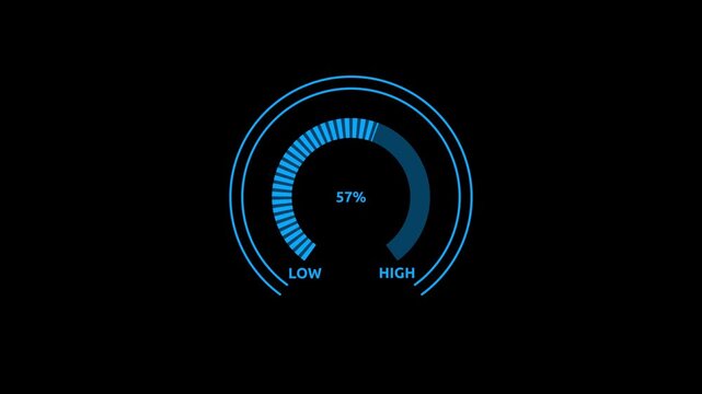 Glowing blue digital gauges move from high overload to safe low levels, presentation template, moving colorful needle, warning message, risk assessment icon from 100 to 0. tension indicator icon.