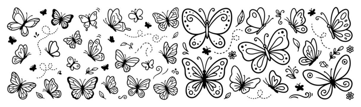 Hand drawn doodle vector mega pack of butterfly illustrations featuring fluttering butterflies, garden butterflies, cute insect doodles, spring nature accents isolated on white background