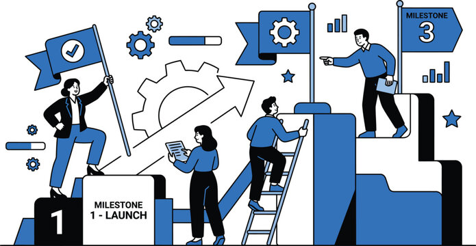 Business progress concept with people achieving milestones on career growth path illustrated with charts and team success.