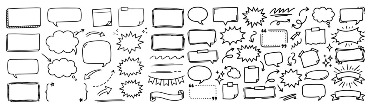 Hand drawn doodle vector mega pack of callout boxes featuring speech callouts, caption boxes, note frames, announcement labels, sparkles, decorative accents isolated on white background