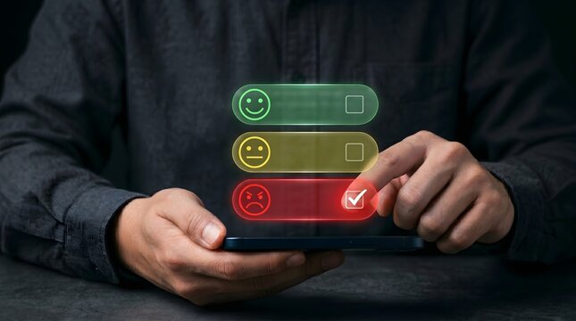 Person Giving Bad Feedback on Smartphone with Digital Rating Interface. Low Satisfaction and Negative Experience for Customer Service Complaint