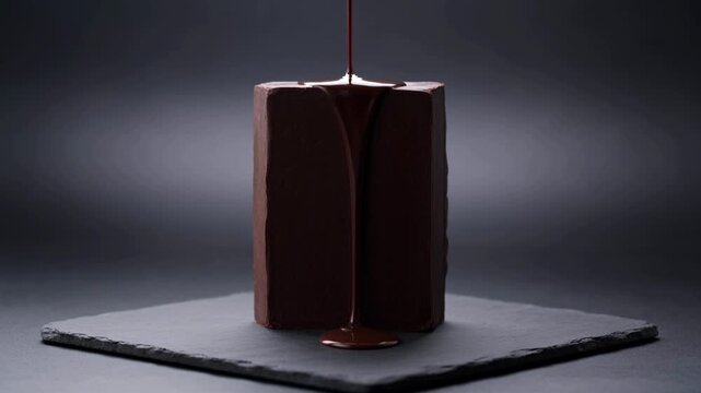 Liquid dark chocolate pouring over a rectangular chocolate bar dessert sweet food melted cacao dessert sweet food
