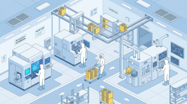 Semiconductor manufacturing cleanroom with workers in protective suits operating machinery. Isometric industrial factory production line for silicon wafer processing and microchip fabrication.