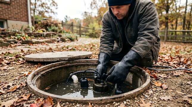 Plumber checking outdoor septic system before frost