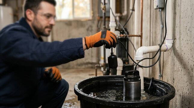 Worker testing backup sump pump in basement during home maintenance
