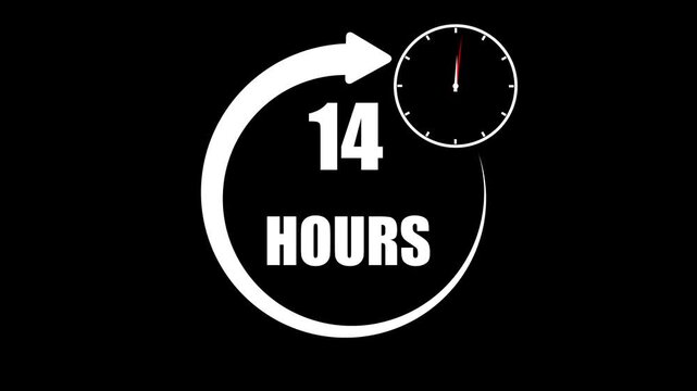 White number and mini clock icon 14 Hours a circular arrow graphic on a black background,with 4k video animation.