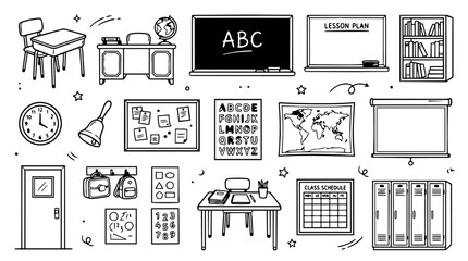Hand drawn doodle vector mega pack of classroom elements featuring school desks, student chairs, blackboards, whiteboards, chalk, erasers, bookshelves, education icons isolated on white background © Creative Lab