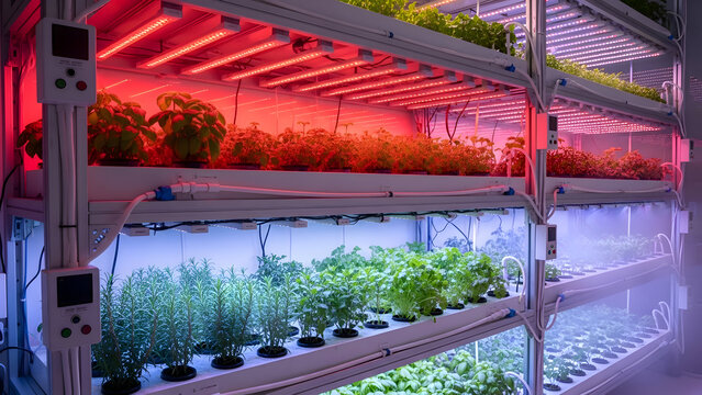 Indoor vertical farm with led grow lights lush green plants on shelves in hydroponic system sustainable agriculture concept