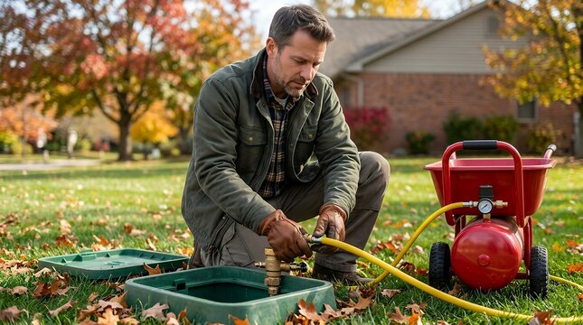 Technician cleaning lawn sprinkler system in autumn residential garden