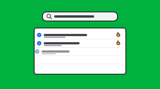 An isometric illustration of a search bar and results on a green background