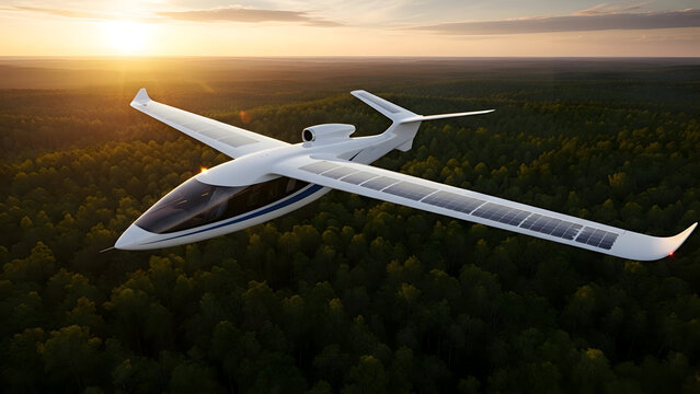 Solar electric aircraft soaring above dense forest at sunset