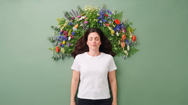 Serene dark-haired woman in white t-shirt with calm peaceful mood representing mental rejuvenation, mindfulness, and blossoming of healthy mind against solid green background
