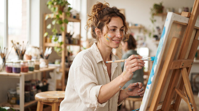 Inspired curly-haired woman with joyful mindful mood painting on canvas during art therapy session against sunlit plants filled studio background