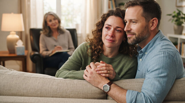 Vulnerable crying wife and supportive husband with emotional relieved mood reconciling during marriage counseling against soft-focus background of female psychologist office