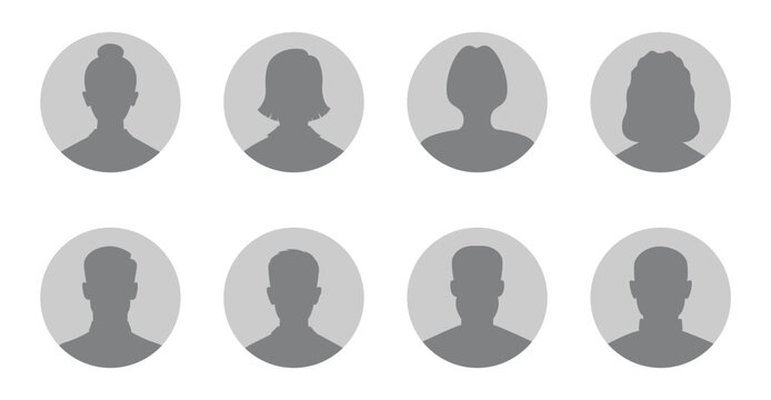 Eight gray head silhouettes within circular frames against a white background a simple graphic composition avatar silhouette profile