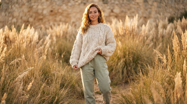 Smiling young woman wearing sustainable fashion clothes with cheerful and peaceful mood posing during outdoor walk against golden pampas grass and impressionistic textured background