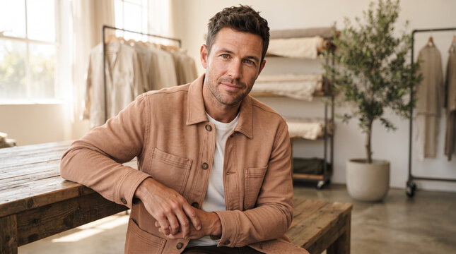 Charismatic male entrepreneur with serene and self-assured expression representing sustainable fashion brand against minimalist showroom backdrop