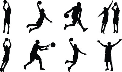 Basketball Player Silhouette Set with Jump Shot Dunk Dribble Pass and Defense Poses © MdSaddam