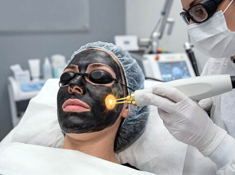 Woman undergoing professional carbon laser peel treatment with protective eyewear at beauty clinic