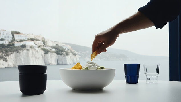 Person dips tortilla chip into creamy guacamole dip, enjoying a meal with a stunning coastal view