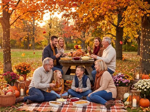 Happy family having Thanksgiving outdoor picnic in park with autumn leaves.