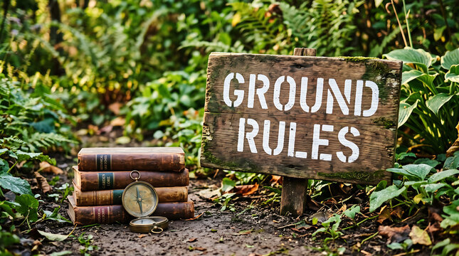 Weathered wooden sign with white text ground rules standing in lush green forest clearing next to stack of antique botanical books and vintage metal pocket navigation compass.