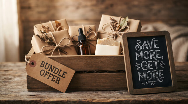 Small business concept with wrapped soap bundles in wooden crate and chalkboard sign with discount message handmade chalkboard discount packaging business marketing