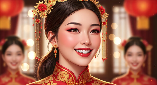 Young Asian woman in traditional red Chinese qipao celebrating National China Day. Elegant model wearing ornate embroidered cheongsam with gold dra...