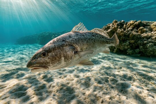 Croaker fish gliding through clear tropical waters with coral and sandy seabed