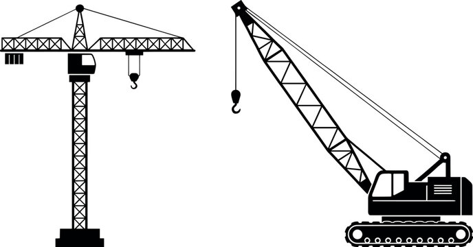 Black and white vector illustration of industrial construction tower crane and crawler crane icons for engineering building projects